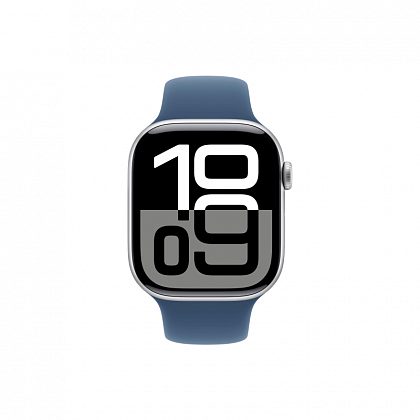 Apple Watch Series 10, 46 мм, корпус из алюминия серебристого цвета, спортивный ремешок цвета «синий деним» S/M