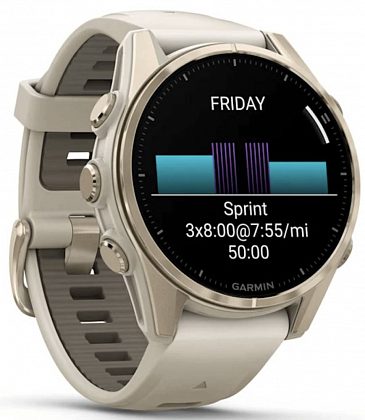 Garmin Fenix 8 Amoled Sapphire 43мм Золотые с серым силиконовым ремешком