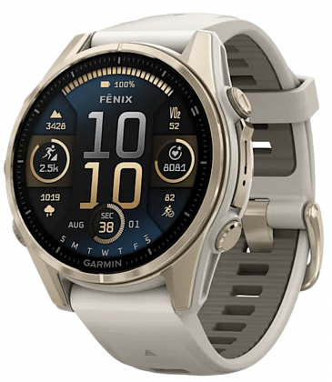 Garmin Fenix 8 Amoled Sapphire 43мм Золотые с серым силиконовым ремешком