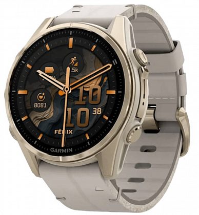Garmin Fenix 8 Amoled Sapphire 43мм Золотые с серым кожаным ремешком